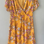Skies Are Blue Mustard Yellow Floral Print Wrap Style Short Sleeve Dress Photo 0