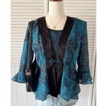 R & M Richards  VTG Blue Oriental Buttoned Ruffled Patterned Blouse Top Photo 0