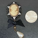 Vintage Unsigned Cameo with Black Bow & Faux Pearl Dangle Brooch Photo 3
