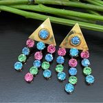 Unique Vintage  Unsigned Multicolored Stones Waterfalls Clip Statement Earrings Photo 3