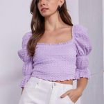 Mustard Seed  Crinkle
Texture Puff Sleeve Crop Top Lavender Ladies Sz Small NWT Photo 0