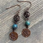 New Antique Copper statement boho dangle earrings sea jasper stone lotus flower Photo 1