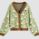 Cider  Duck Pattern Contrasting V-Neck Button Down Cardigan Green Size M Photo 0