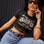 Source Unknown NEW Motorcycle Graphic Crop Top Womens XS Black T-Shirt Cutout Short Sleeve Photo 0