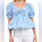 English Factory Floral Embroidered Puff Slv Babydoll Powder Blue Multi XS *flaw Photo 1