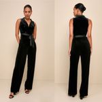 Lulus New  Posh Flair Black Velvet Satin Collared Surplice Jumpsuit Size Medium Photo 1