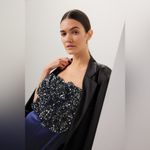 Badgley Mischka Jumpsuit Womens 16 Blue Black Rose Sequin Satin Wide Leg Photo 2