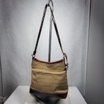 Brighton Tweed Purse Braided Leather Trim Heart Charm Brown Tan Check Photo 2