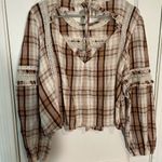 American Eagle Outfitters Brown Plaid Lace Blouse Photo 6