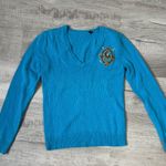 Ralph Lauren Blue V Neck Crest Logo Knit Sweater Women’s Medium Photo 4