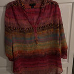 AB Studio Women's XL Geometric Print V Neck Tunic Blouse Top Roll Tab Sleeves Photo 0