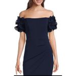 XScape Navy ROSETTE Off the Shoulder RUFFLE Sleeve RUCHED Waist GOWN Size 4 Photo 2