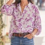 Sundance  Sz XS Chantilly Blooms Button Down Top Blouse White Purple Floral Bird Photo 0
