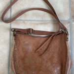 The Sak  Tooled Leather Shoulder Bag Brown Floral Gold Brad  Detail Canvas Strap Photo 0