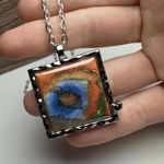 Artsonia Multi Color Art Print Square Silver Tone Necklace Adjustable Length Photo 7