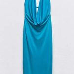 ZARA  dress fitted maxi Blue plunge neck Halter wedding evening party  Photo 12