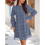 NWT Kojooin Ruffle Mock Neck Long Sleeve Floral Pleated Flowy Mini Dress Sz XXL Blue Photo 1