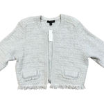 Ann Taylor  Textured Fringe Cardigan Sweater Light Gray Silver Metallic Sparkle L Photo 0