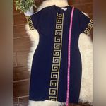 Chetta B  Navy Blue with embroidered Gold design short sleeve dress sz 10 Photo 7