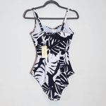 Ekouaer  Black and White Tropical Print Ruched One-Piece Swimsuit NWT Size Large Photo 4