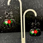 Black Bow with Red and White Floral Accents‎ Cute Pumpkin Dangle Earrings Photo 2