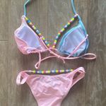 Pastel baby pink blue triangle cut out bead bikini top bottom swimsuit set XS NEW Photo 3