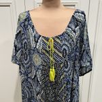 One World One‎ World Blue & Neon Yellow Blouse Pleated Tassel Tie Boho Hippie Photo 1