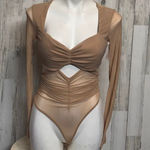 Nude Sheer Mesh Long Sleeve Ruched Cut Out Bodysuit – Sexy Stretchy One Piece To Tan Size M Photo 0