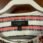 Talbots Coral Pink Black White Striped Tweed Fringe Zip Front Blazer Jacket Photo 3