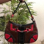 Unique 2000s Y2K Whimsygoth Brown black red leather patchwork shoulder hand bag purse silver tone buckle #gothic #grunge #western Photo 0