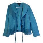 Dialogue VTG  Teal Genuine Suede Leather Draped Chiffon Ruffled Jacket Size M Y2K Photo 0