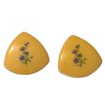 Vintage Yellow Rounded Triangle Hand Painted Purple & Green Floral Earrings Photo 2
