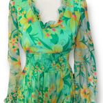 Vintage 70s Green Floral Chiffon Maxi Dress Ruffle Neckline Sheer Sleeves Flowy Photo 6