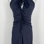 Fuzzi Halter Dress Size 42 US 6 Navy Silk Blend Ruched Ruffle Midi Elegant Chic Blue Photo 3