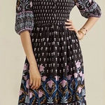 Anthropologie *** Dasha Smocked Black Floral Print Midi Dress Photo 0
