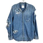American Eagle Relaxed Fit Thrashed Distressed Ripped Button Down Shacket Shirt Photo 0