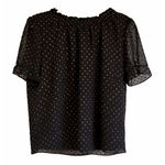 J.Crew  Black & Gold Metallic Dot Blouse  Size Medium Ruffle Neck, Sheer Sleeves Photo 0