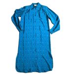 Vintage 100%Silk Midi Shirtdress‎ Women 4 Blue Geometric Shapes Print Retro Photo 1