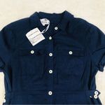 Navy Blue 100% Linen Short Sleeve Button Front Dress Classic Midi Size Large New Blue Photo 2