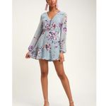 Lulus Always Yours Light Blue Floral Print Long Sleeve Skater Dress SMALL Photo 2