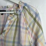 Talbots  Size M Ruffle Tunic Top Rainbow Plaid Lightweight Ladder Trim Split Neck Photo 5