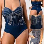 Blashe NWT VIRAL SEXY Blue Denim Fringe Rhinestone Jeweled Sleeveless Bodysuit M Size M Photo 4