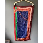 Navy with Green and Red Silk Scarf with Chain and Tassel Print Blue Photo 5