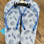 Let’s Go. Women's flip flops sandals shoes - sea shells - white and blue - NEW - never worn. Size 7/8. Medium. Perfect and cute!  Soft Photo 2