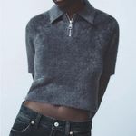 ZARA  Short Sleeve 1/4 Zip Collared Cropped Faux Polo Top Charcoal Gray Medium Photo 0