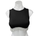Women's Black Rhinestone Fringe Sleeveless Boho Crew Neck Crop Tank Top Size S Photo 2