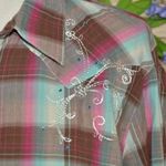 Wrangler  XL Pink Blue Brown Plaid Western Pearl Snap Shirt Embroidered Rhineston Photo 2