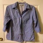 Blue white pinstripe 3/4 sleeve button up top size large Photo 0