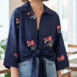 Neiman Marcus  Navy Blue Linen Tie Front No Button Embroidered Jacket L Photo 0