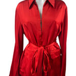ZARA  Red Silk Satin Long Sleeve Tie Waist Pocket Button Down Shirt Blouse Top L Photo 0